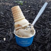 The Daily Grind (V, DF, GF) - brown sugar oatmilk cold brew coffee ice cream w/ dark chocolate covered espresso beans & a caramel swirl at (402) Creamery in Lincoln
