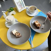 Vegan carrot cake and London Fog with oat milk on the left!  at Maison de Moggy in Edinburgh