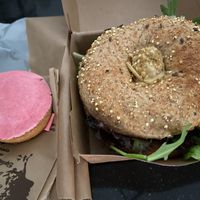 Mega vega wholegrain bagel and 'roze koek' at Bagels & Beans - Catharijne Esplanade  in Utrecht