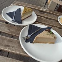pistachio (left) and coffee (right) -flavoured vegan cheesecake at Bread House in Torun