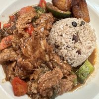Vegan jerk chicken (seitan) with rice, veggies, and plantains  at Alvin and Friends in New Rochelle