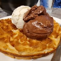 Waffle (4.90) with chocolate (2.90) and vanilla ice cream (2.90) at Mong Cha Cha Cafe 夢茶茶 in Central Singapore