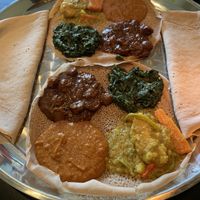 Vegan 4 dishes plate. Spicy and tasty at Messob in Uppsala