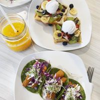 Passion fruit juice. Waffles with amazing coconut whip.  Crispy and delicious gardein fish tacos.  This place is a win! at El Verde Comic Café in Rio Grande