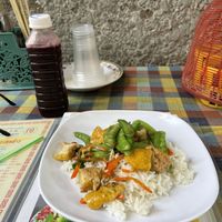 Tofu and rice. Okra juice! Very nice. NZ $2.70 😃  at Jay Oh Vegetarian in Bangkok