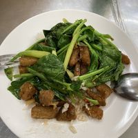 Delicious fried ‘pork’ and kale on rice  Really intimate and local restaurant located in the alley. Freshly made, big sortiment of vegan dishes  at Jay Oh Vegetarian in Bangkok