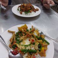 Vegan belly pork with basil and rice and a tofu/greens and chilli dish 😋 at Jay Oh Vegetarian in Bangkok