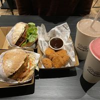 Herbie Heaven Burger, Spicy Stacker, Strawberry & Chocolate Shake and Vegan Nuggets!  at Burgerlove in Cranbourne