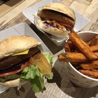 Two vegan burgers and sweet potato fries  at Burgerlove in Cranbourne