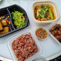 Absolutely delicious food delivery! Tatale, chickpea and vegetable curry with extra tofu at Tatale Vegan Restaurant in Accra