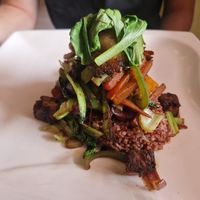 Tofu stirfry. You may as well get the mushroom stroganoff with extra tofu on the side as the veggies and rice are the same. at Tatale Vegan Restaurant in Accra