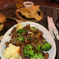 Bowl with coconut rice, impossible, beans & corn, broccoli & cauliflower and thai sweet chili.  at Caddy's On Central in St Petersburg