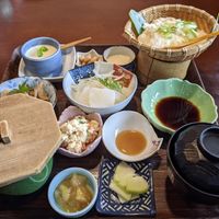 Soft tofu, pudding of tofu, okra, pickles, ... at Sakuraso in Oita