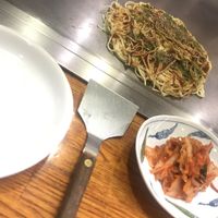 Vegetarian option made vegan and kimchi  at Teppei in Hiroshima