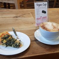 Vegan Quiche and cappuccino at Zero Waste Hub in Edinburgh