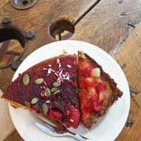 Lemon polenta cake with blackberried and mango square at Zero Waste Hub in Edinburgh