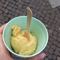 peach cassis ice cream 1,80€ (my own cup, they don't have reusable ones) at Brotgefuehle in Leipzig