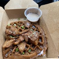 Chick’n and Waffles with maple cream sauce   at Lifestyle Cafe in Columbus