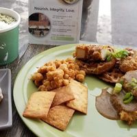 Chikn N Waffles, biscuits & gravy, cinnamon crunch donut, off menu smoothie bowl. at Lifestyle Cafe in Columbus