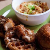 Sampler of chicken and waffles, shrimp and grits  at Lifestyle Cafe in Columbus
