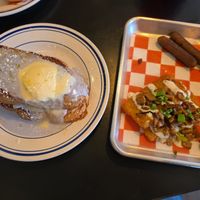 Lemon lavender French toast with sausage and loaded tempeh bacon ranch hash browns at 4th & State in Columbus
