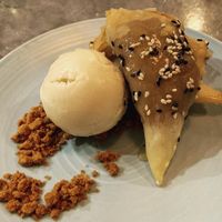 Banana and Peanut Butter Samosas with dairy free ice cream 🤤 at The Florist in Liverpool