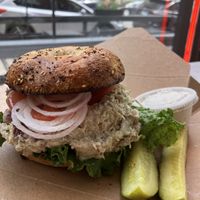 Grapenut chicken salad on an everything bagel   at Sam & Gertie's in Chicago