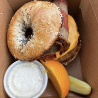 the brandt: pastrami, our-egg + mustard cream cheese melt  at Sam & Gertie's in Chicago