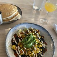 Vegan Rancheros , short stack and mimosa delicious and savory!  at Bearcat Cafe - CBD in New Orleans