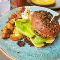 Vegan Beyound burger & potatoes. at Bearcat Cafe - CBD in New Orleans