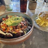 Vegan breakfast potatoes and vegan biscuit sandwich   at Bearcat Cafe - CBD in New Orleans