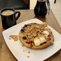 You will not be disappointed. Naughty Waffle, vegan option, hold the whipped cream. Coffee+oat milk at Black Coffee and Waffle Bar in Fargo