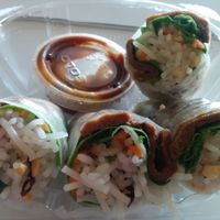 BBQ rolls with dipping sauce. Good for travel/takeout at Loving Hut in Houston