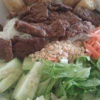 BBQ Vermicelli with golden spring rolls at Loving Hut in Houston