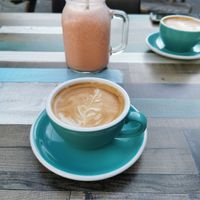 Oat flat white and a Mango tango smoothie at Wild Thyme Cafe in Braunton