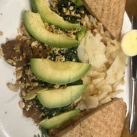Tofu scramble with spinach, vegan chorizo, and avocado.   at Rutherford Pancake House in Rutherford