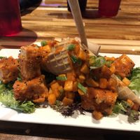Tofu version of the “chicken n waffles,” with  buffalo sauce  at Pixels Pints & Bytes in Norfolk
