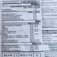Drinks menu at Bean in the Woods in Ringwood