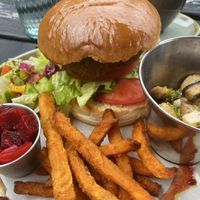 Beetroot and quinoa burger with sweet potato fries at Caffi Lolfa in Burry Port