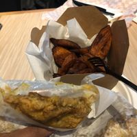 Crisp, sweet plantains and some warm, moist doubles! at Randy's Roti in Toronto