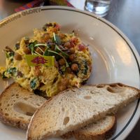 Vegan egg veggie scramble with toast, was delicious at Morning Glory in San Diego