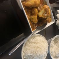 Bombay Aloo and white rice   at Momo in Santorini