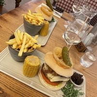 Plant-based burgers with onion rings, corn and chips    at Warkworth House Hotel in Warkworth
