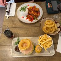 Sweet chilli 'no chick', vegan cheezeburger and onion rings. at Warkworth House Hotel in Warkworth