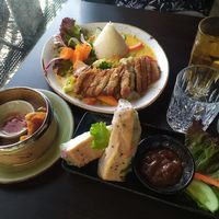 Vegan duck with rice, Curry and vegetables and sommerrolls at KIM999 in Berlin