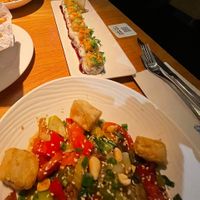 Hunan kung pao (this is a half serving as we were sharing) and crispy tofu roll at Earls Kitchen + Bar in Langley