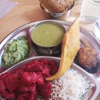 Cucumber salad, pea soup, rice, potato-Zucchini-beet root-mix and more at Vegebistro in Plzen