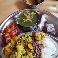 Tomato-cucumber-salad, spinach soup, rice, vegetable curry, sweets and more at Vegebistro in Plzen