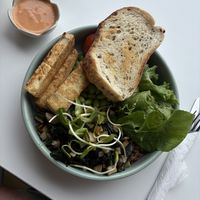 Savory Bowl with the classic edamame, tofu, spinach+mushrooms   at What's Cup! in Koh Phangan