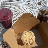 Blueberry muffin, cold brew and a smoothie at Arcadia Coffee in Fort Worth